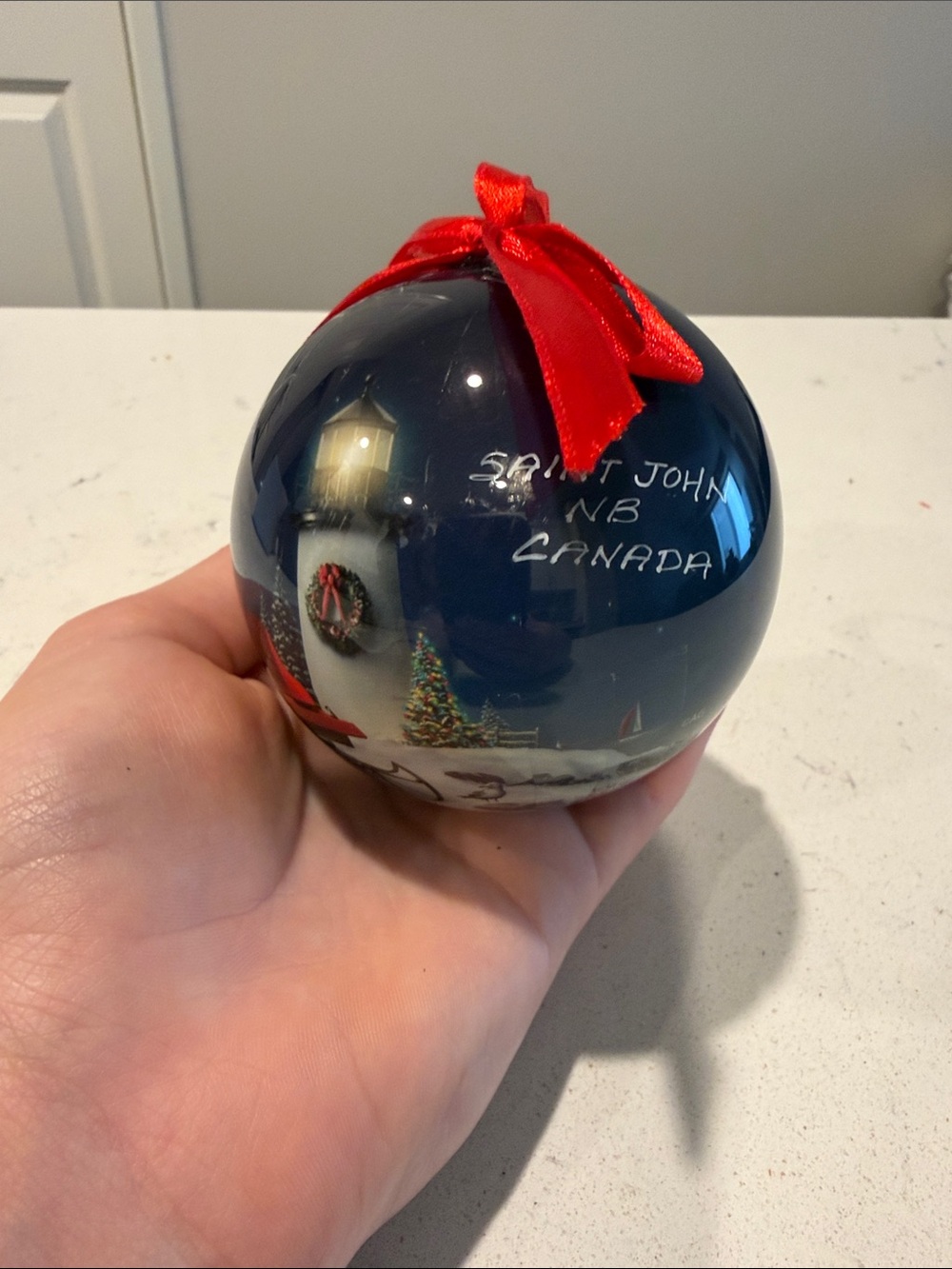 Saint John NB Canada Hand-Painted Blue Lighthouse Holiday Ornament with Red Bow